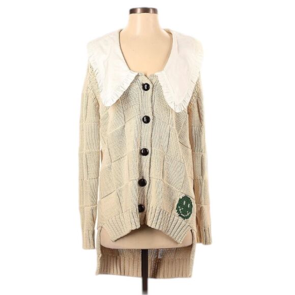 Ganni Cotton Robe Knit Cardigan Smiley Logo Peter Pan Collar S Cream Sand - Picture 1 of 11